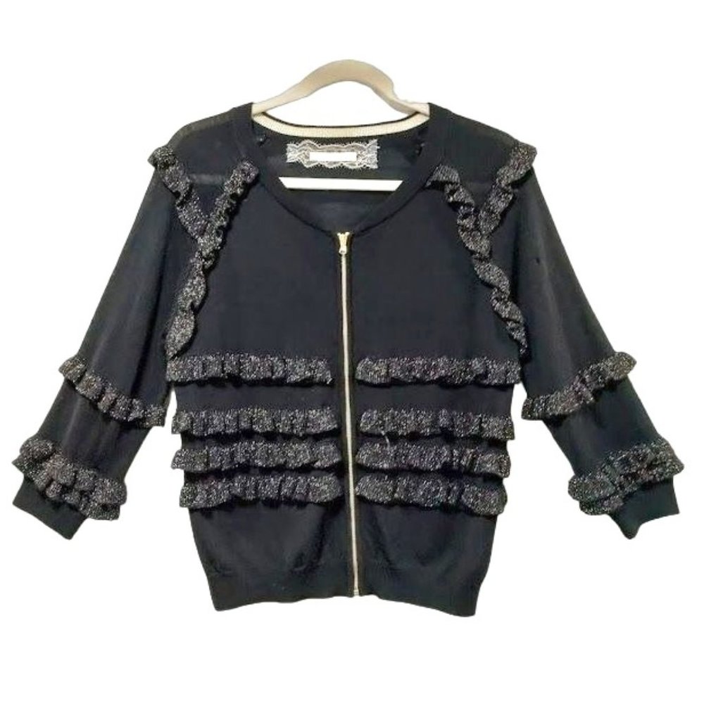 Patrizia Pepe Womens Wool Ruffle Trim Full Zip Sweater Black Size S/0